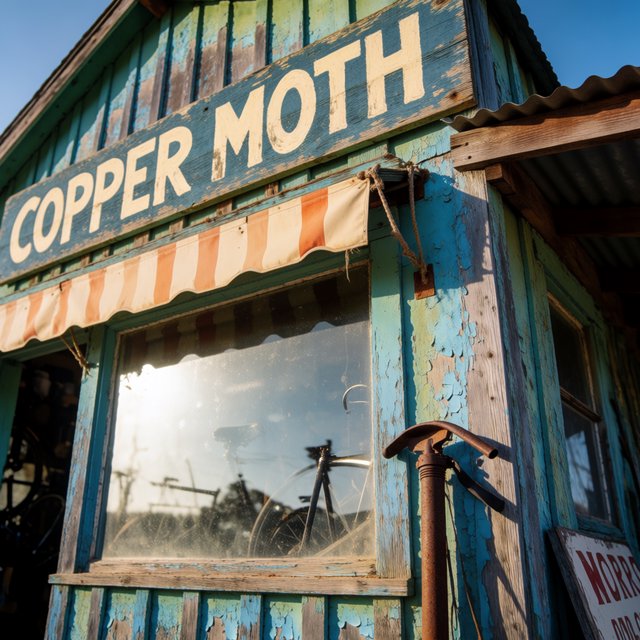 An old roadside bicycle workshop beneath a faded striped awning, rusted tools displayed in the window, with "COPPER MOTH" painted in cream block letters across the weathered wooden fascia, afternoon sunlight catching peeling turquoise paint. — Krea 2 Medium