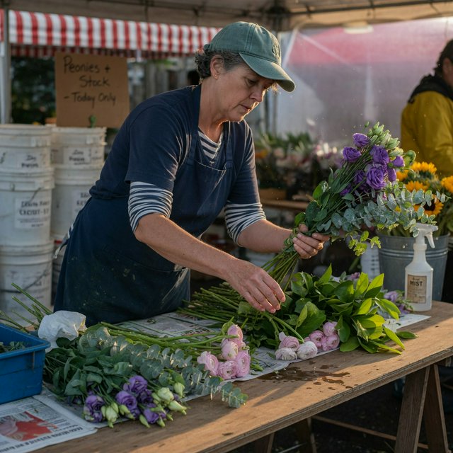 Candid documentary photograph of an adult florist arranging loose stems at an outdoor market stall, soft early-morning side light, 50mm lens with shallow depth of field, tiny water droplets beading on the cut leaves. — Grok Imagine Image Quality