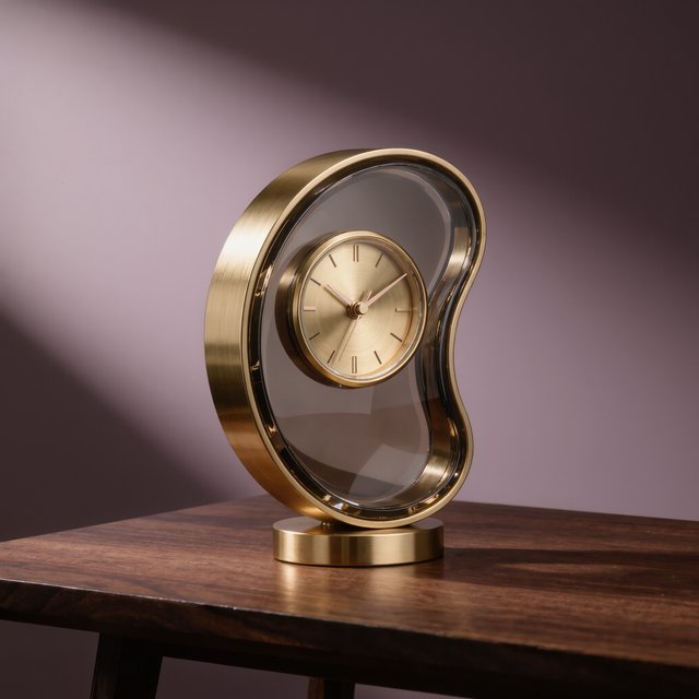 Commercial product photograph of an unbranded sculptural table clock made from satin brass and smoked glass, resting on a dark walnut surface against a muted lavender background, illuminated by a large diffused softbox from the upper left and a subtle rear rim light. — Kling v3 Omni