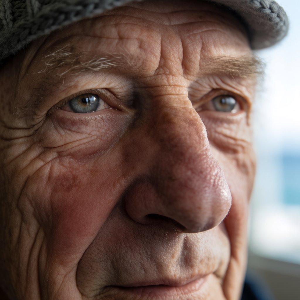 Close-up portrait of an elderly fisherman with deep wrinkles and a knitted cap, catchlights in the eyes, weathered skin texture, soft window light. — Krea 2 Medium