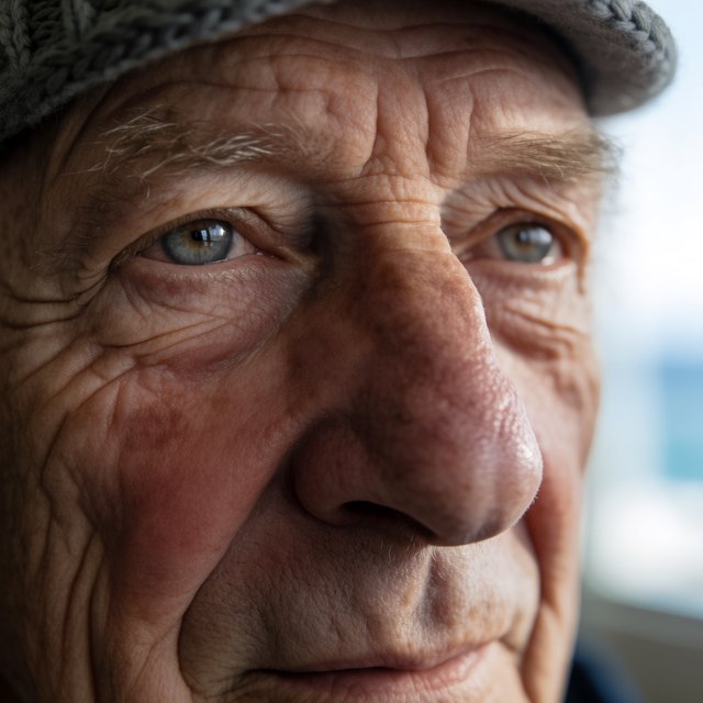 Close-up portrait of an elderly fisherman with deep wrinkles and a knitted cap, catchlights in the eyes, weathered skin texture, soft window light. — Krea 2 Medium