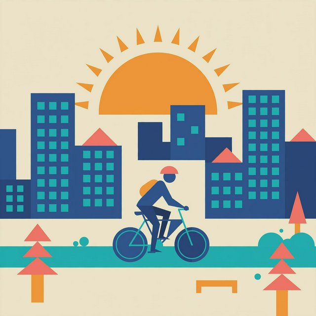 Flat vector illustration of a cyclist commuting through a city at sunrise, limited palette of five colours, geometric shapes. — Muse Image 1.0