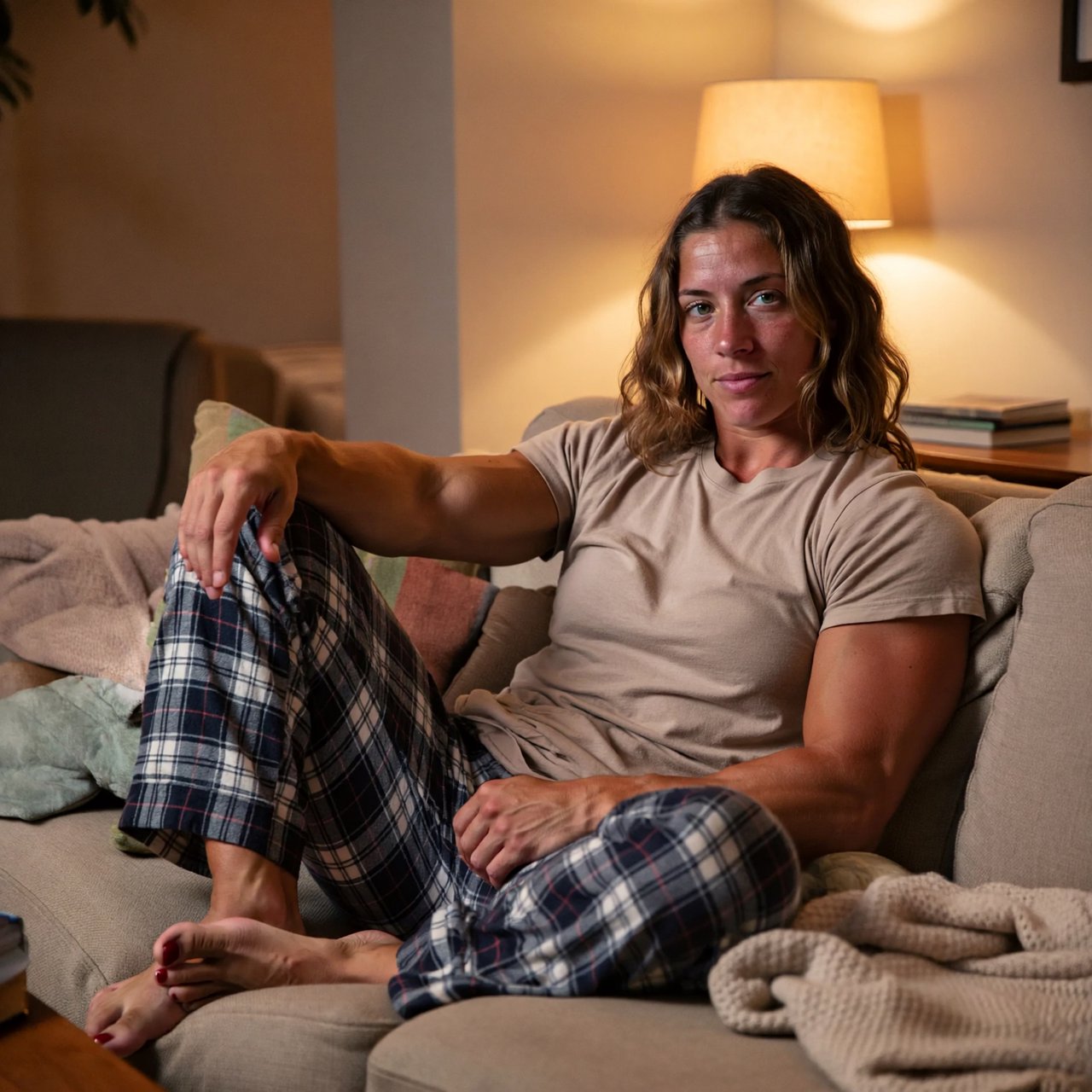 A 28-year-old, 6-foot-tall woman with wavy brunette hair falling just past her shoulders, olive skin, an oval face with soft angular cheekbones, and striking deep green eyes. She has a hyper-muscular, athletic physique built from intense heavy weightlifting and CrossFit — broad shoulders, defined arms, a strong back, and visible core and leg muscle definition — giving her a powerful, statuesque build. Her expression is relaxed and at ease. She lounges comfortably on a couch in her living room, wearing a soft fitted t-shirt and plaid pajama pants, barefoot with red-painted toenails. Warm evening lamp light, cozy lived-in living room background with a throw blanket and a few books on a side table, soft natural shadows, skin texture. — ImagineArt 2