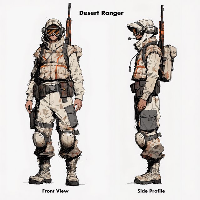Character design sheet of a desert ranger in layered sand-coloured armour with a long rifle, front and side view, neutral background. — Recraft v4 Pro