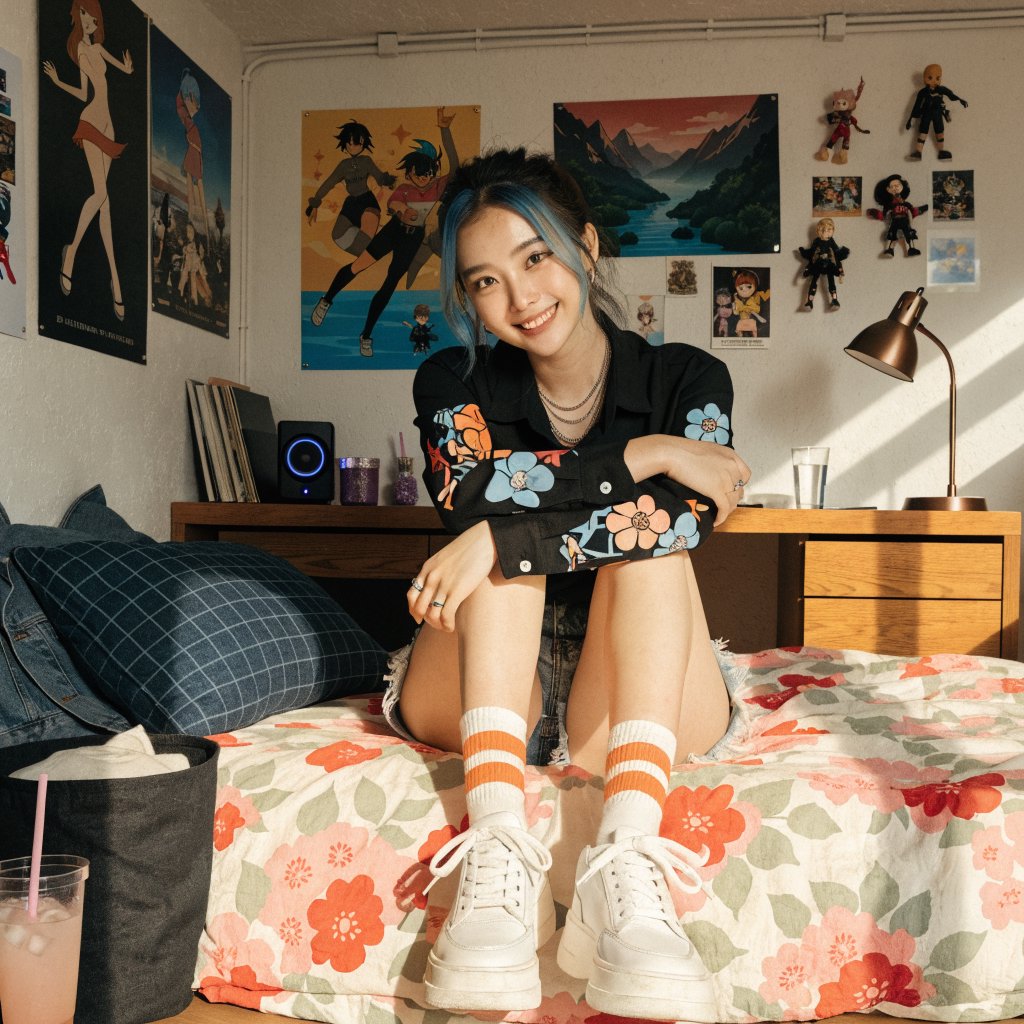 A young beautiful woman of Chinese descent, she is twenty years old, sitting in a bedroom, sitting on the edge of her bed. She is wearing a black anime-themed shirt and denim shorts. She has dark brown hair with light blue highlights, brown eyes, pale skin. Her bedroom has anime- and video game-inspired posters and trinkets. Looking at the viewer, smiling. — Recraft v4