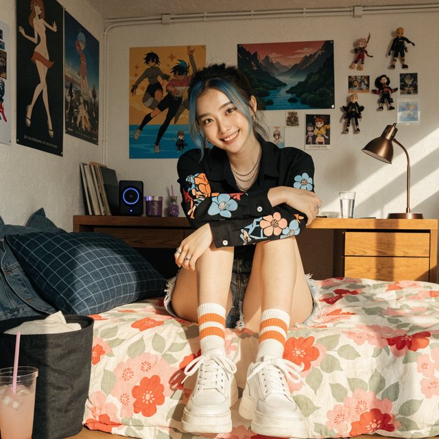 A young beautiful woman of Chinese descent, she is twenty years old, sitting in a bedroom, sitting on the edge of her bed. She is wearing a black anime-themed shirt and denim shorts. She has dark brown hair with light blue highlights, brown eyes, pale skin. Her bedroom has anime- and video game-inspired posters and trinkets. Looking at the viewer, smiling. — Recraft v4