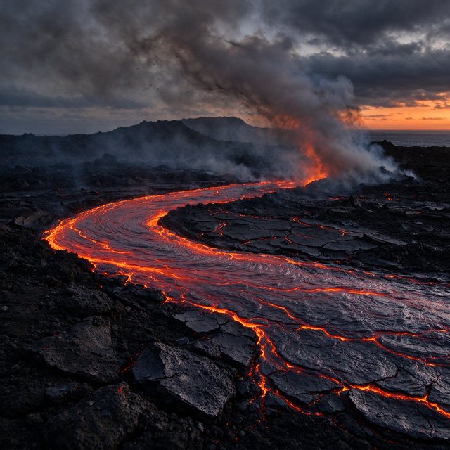 Fresh lava threads a black cinder plain on a volcanic island at dusk beneath ash-laden wind; blistered crust and brittle pumice in the foreground give way to glowing fissures fading into smoke. — Seedream 5.0 Flash