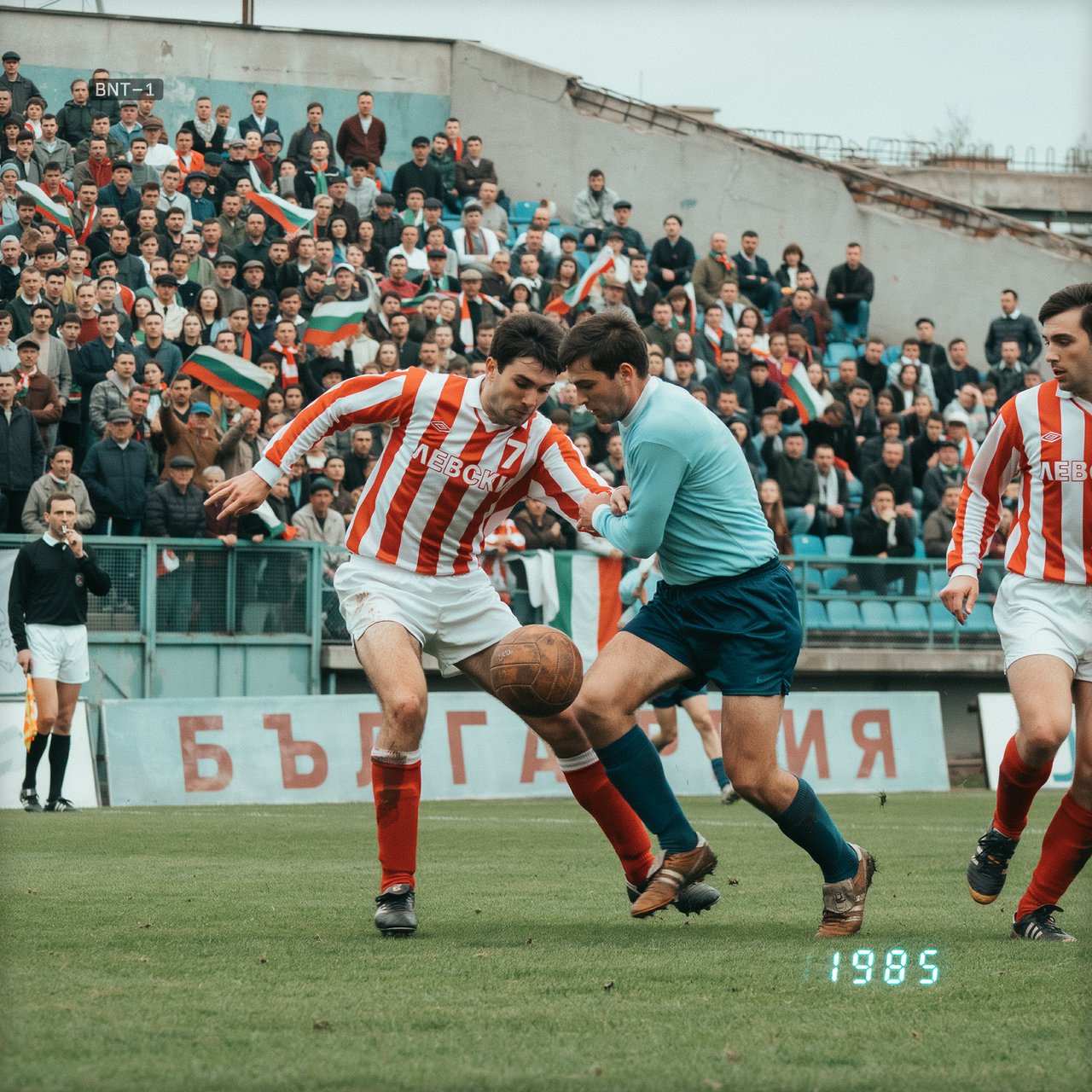 A stillshot from a Bulgarian football game, broadcast in the 1980s. — Ideogram v4