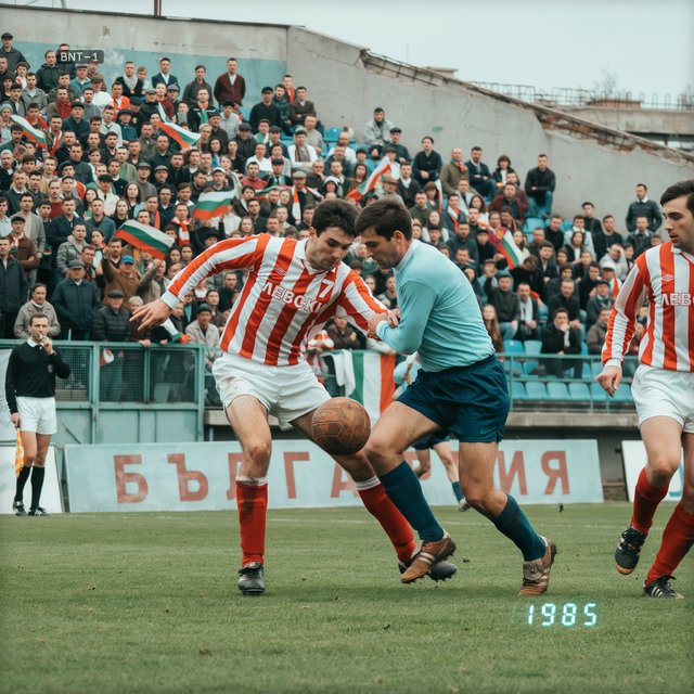 A stillshot from a Bulgarian football game, broadcast in the 1980s. — Ideogram v4