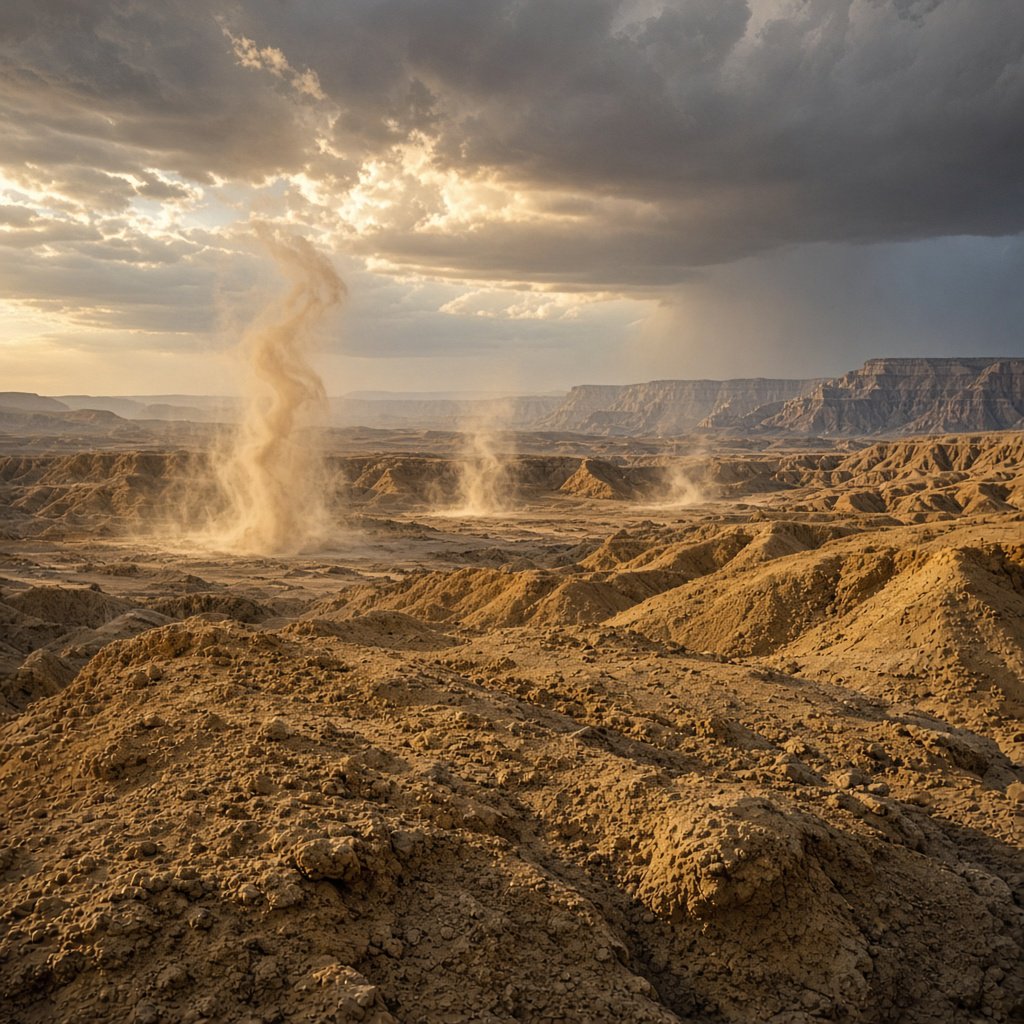 Wind-driven dust devils spiral across ochre badlands beneath a storm-clearing late-afternoon sky; pebble-studded clay ridges and tiny erosion grooves sharpen nearby, while layered mesas recede through veils of rain. — Grok Imagine Image 2