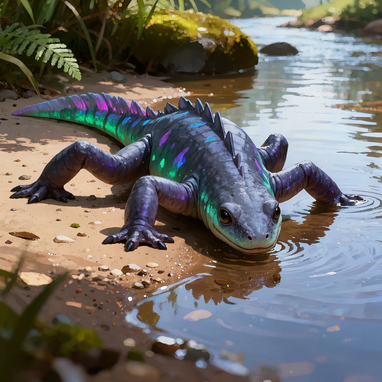 Creature design: a six-legged amphibious grazer with bioluminescent markings, shown on a riverbank, painterly. — Kling v3