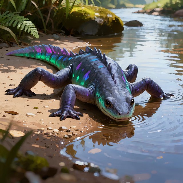 Creature design: a six-legged amphibious grazer with bioluminescent markings, shown on a riverbank, painterly. — Kling v3