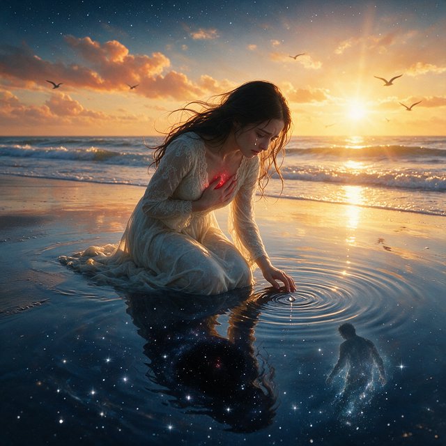 Cinematic, photorealistic artwork of a sorrowful young woman in a flowing ivory lace dress kneels in shallow surf at the waterline during sunset. Her long, windblown dark hair frames her downcast face; a tear flows down her cheek and into the water, one hand presses against her chest, glowing faintly crimson to suggest her still-beating heart, while her other fingertips touch the water. The world behind her remains beautiful: a golden sun shines over restless waves, seabirds cross the sky, and fiery peach clouds fade into star-filled indigo. In the wet sand, her reflection becomes a dark cosmic void. Stars ripple around a fading, ghostlike image of her partner deserting her and dissolving into darkness. The tear forms concentric ripples, disturbing an entire universe. Contrast warm golden life above with cool blue-black devastation below. Natural cinematic lighting, detailed water reflections, realistic anatomy, restrained grief. No text, borders, or collage. — Seedream 5.0 Pro