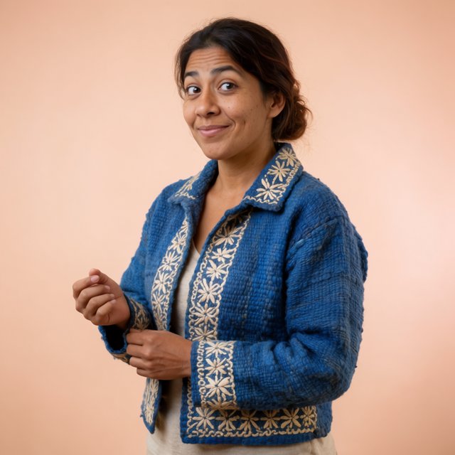 Fashion portrait of an adult Latina woman in her late 20s wearing a handwoven cobalt-blue cotton jacket, one hand touching its embroidered cuff, curious half-smile, against a pale peach studio backdrop, soft diffused window light shaping her face. — Krea 2 Large