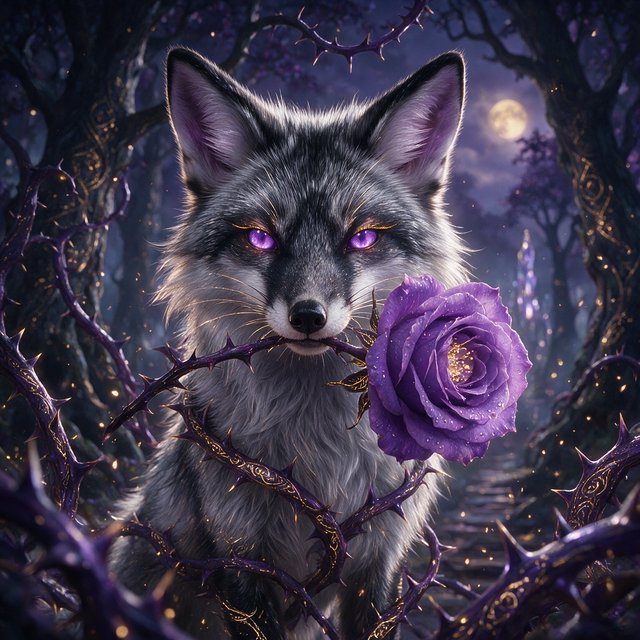 a silver fox holding a purple rose in its mouth, deep color, fantastical, intricate detail, splash screen, complementary colors, fantasy concept art — Model 20