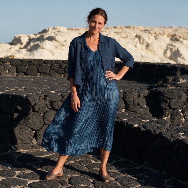 Across a basalt terrace, an adult woman in her early forties poses in a full-length fashion photograph, wearing a pleated indigo silk dress and cropped linen jacket, her composed half-smile lit by hard afternoon sunlight from one side against a pale limestone ridge. — Seedream 5.0 Pro