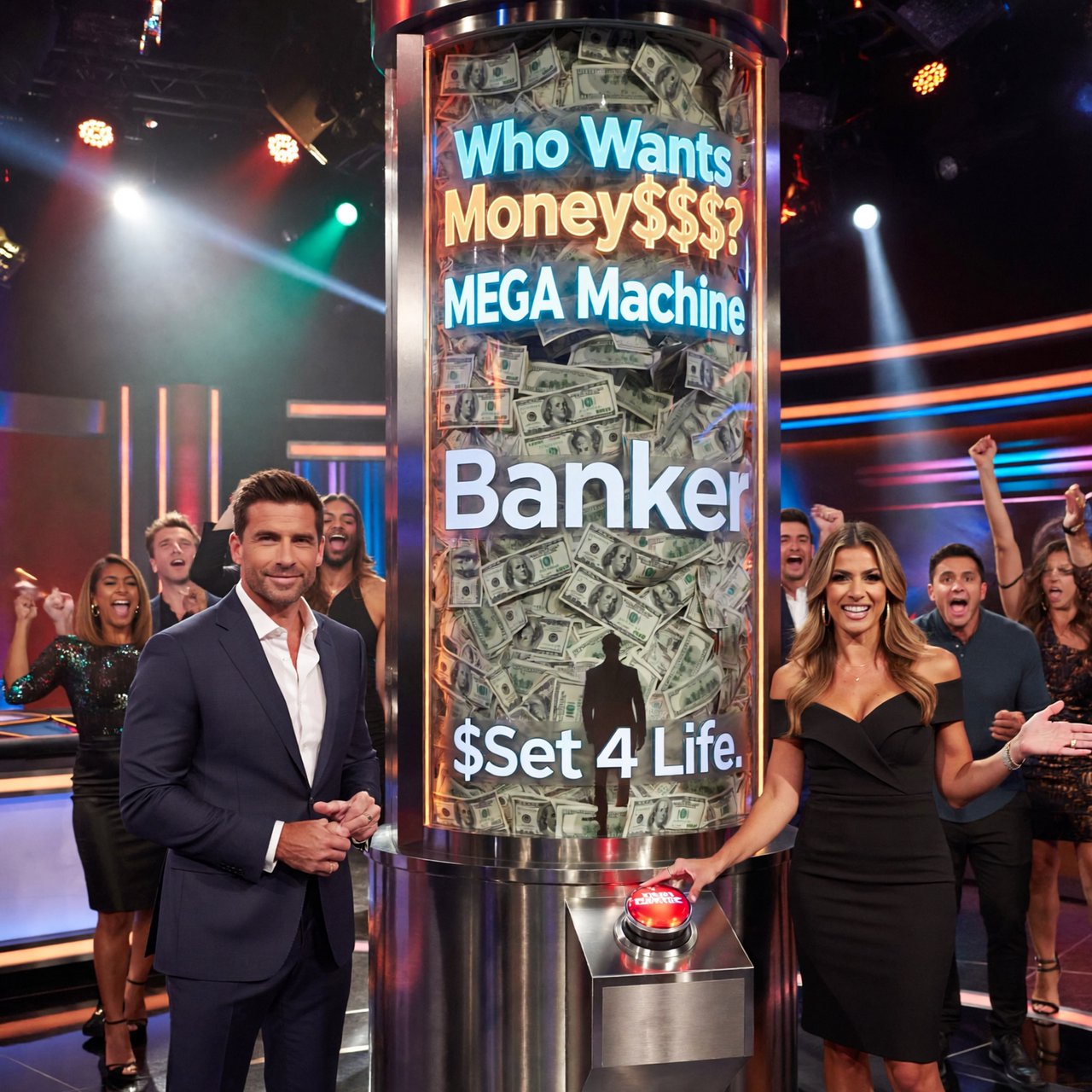 People on the set of a super mega game show called "Who Wants Money$$$?". There are at least six adults (three men and three women), all of different races, looking really excited. There is a big machine with a lot of cash inside. At the top of the machine it says "Who Wants Money$$$? MEGA Machine". In the middle of the machine it says "Banker", with the shadow of a man near the name. At the bottom of the machine it says "$Set 4 Life$", with a red button in the middle of the words. Near the machine are game hosts on both sides of it: a handsome man and a pretty woman. — ImagineArt 2