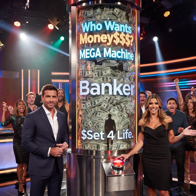 People on the set of a super mega game show called "Who Wants Money$$$?". There are at least six adults (three men and three women), all of different races, looking really excited. There is a big machine with a lot of cash inside. At the top of the machine it says "Who Wants Money$$$? MEGA Machine". In the middle of the machine it says "Banker", with the shadow of a man near the name. At the bottom of the machine it says "$Set 4 Life$", with a red button in the middle of the words. Near the machine are game hosts on both sides of it: a handsome man and a pretty woman. — ImagineArt 2