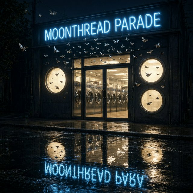 At midnight, moths circle the laundromat’s glowing round windows while chrome washing machines gleam inside; “MOONTHREAD PARADE” shines in icy blue neon above the entrance, reflected across the wet pavement, with no other lettering visible. — Grok Imagine Image 2