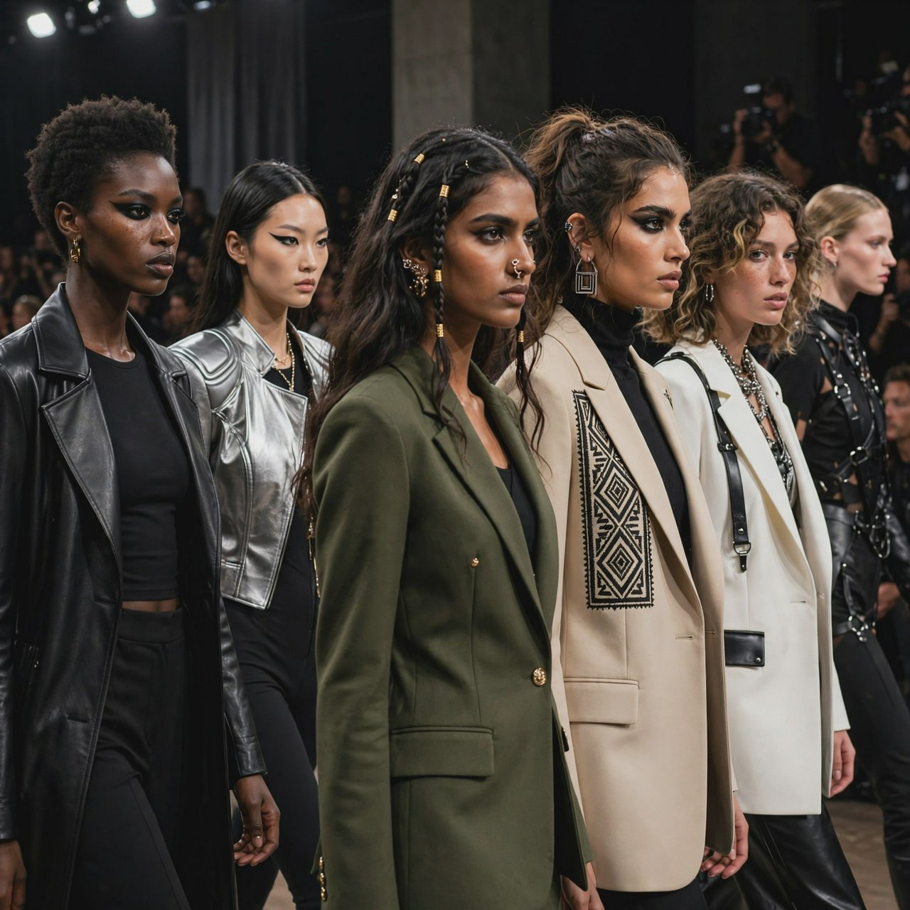 Adult female fashion models on the runway. There are models of all races: white, Black, Asian, Mexican, Indian, mixed race, etc. The vibe is cool and fierce. Many angles. — Muse Image 1.0
