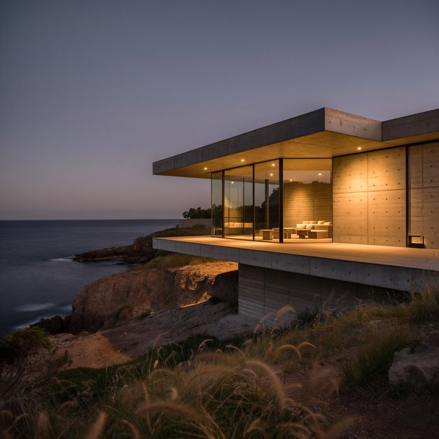 Exterior of a small concrete-and-glass house on a cliff above the sea, dusk, interior lights on, architectural photography. — ImagineArt 2