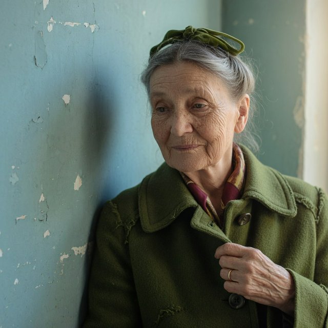 Beside a faded teal studio wall, a close-up fashion portrait frames an adult woman aged 68–76, her weathered skin softly detailed; she wears a moss-green wool coat and holds a calm, searching gaze in gentle side light. — Model 6