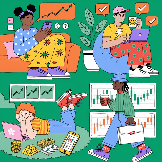 People making successful trades. A totally green day. Making a lot of money (life-changing money). At least 4 scenes. — Recraft v4