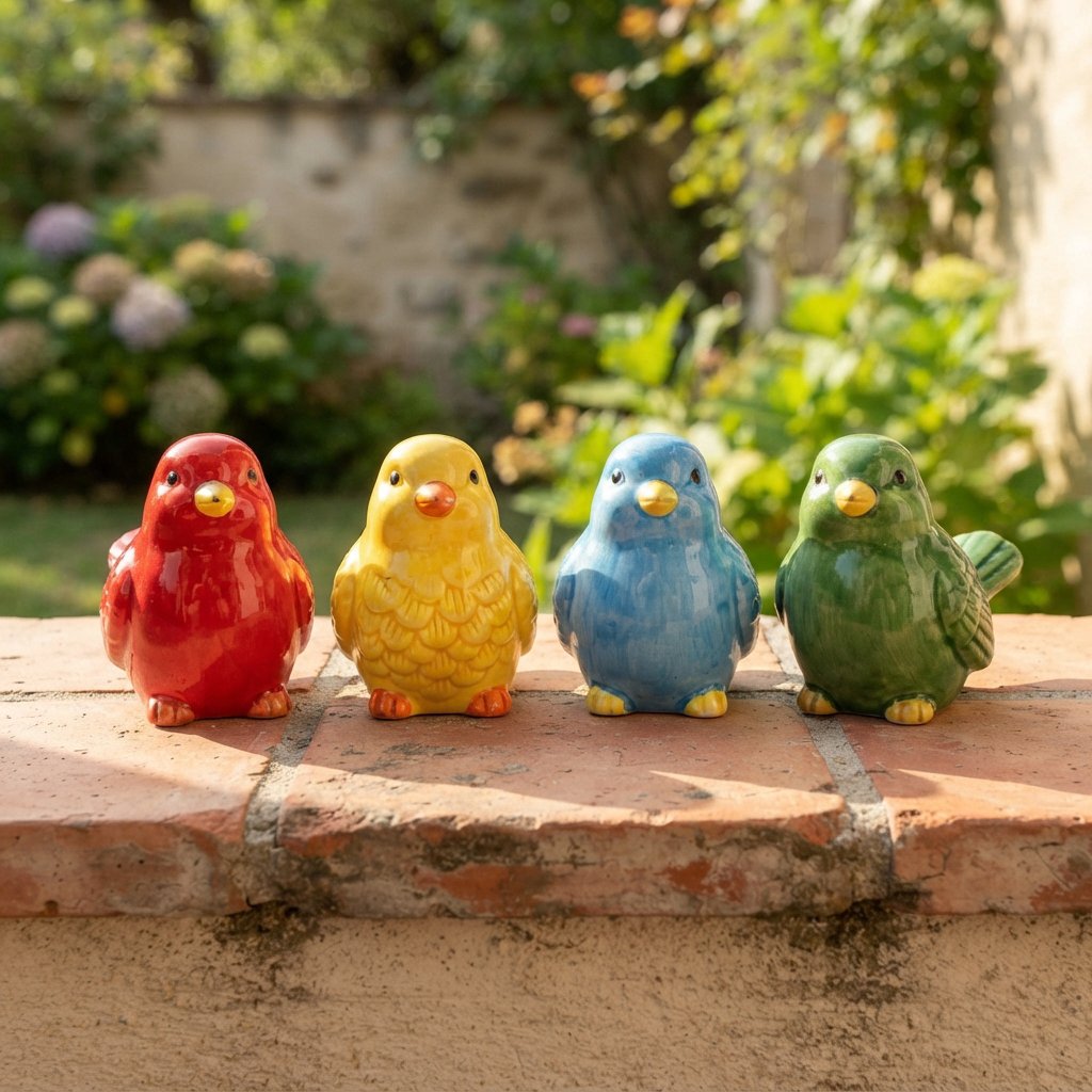 On a sunlit tiled ledge, exactly four ceramic bird figurines form a row: red at far left, yellow at left-center, blue at right-center, and green at far right; all face forward, nothing else. — Nano Banana 2 Lite