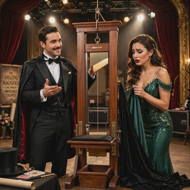 A magician's act on a well-lit stage. A well-dressed magician and glamorous adult female assistant have just unveiled the magician's guillotine. The adult female assistant fakes a worried look, knowing she will shortly participate in the illusion. — Muse Image 1.0