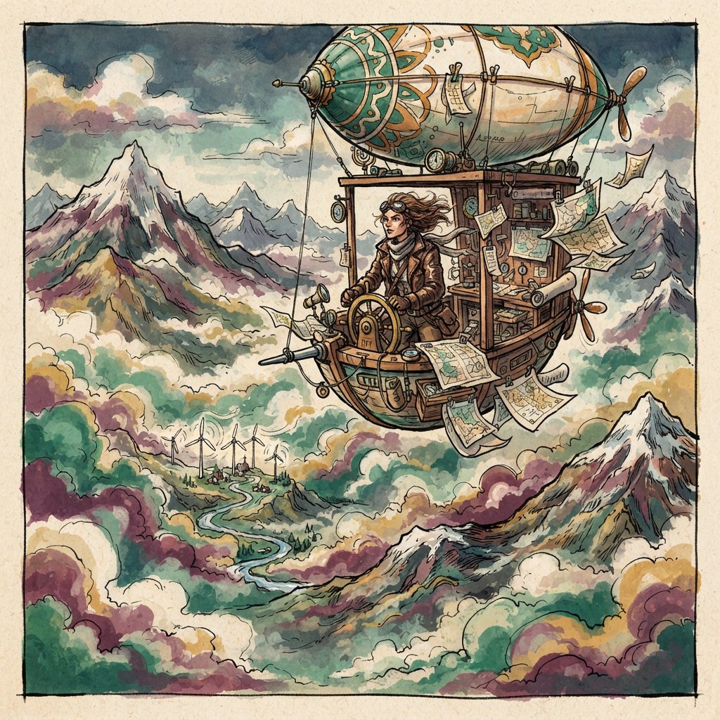 Ink-and-gouache illustration of an adult cartographer steering a small airship above a cloud-filled mountain valley, maps fluttering from the cabin and wind turbines turning below. Palette of emerald, ochre, plum, and cream, with lively linework and atmospheric washes. — Nano Banana 2 Lite