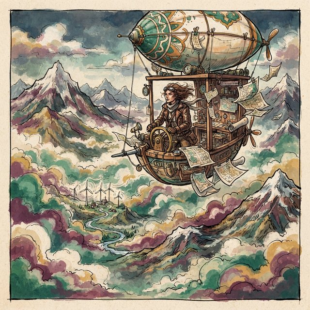 Ink-and-gouache illustration of an adult cartographer steering a small airship above a cloud-filled mountain valley, maps fluttering from the cabin and wind turbines turning below. Palette of emerald, ochre, plum, and cream, with lively linework and atmospheric washes. — Nano Banana 2 Lite