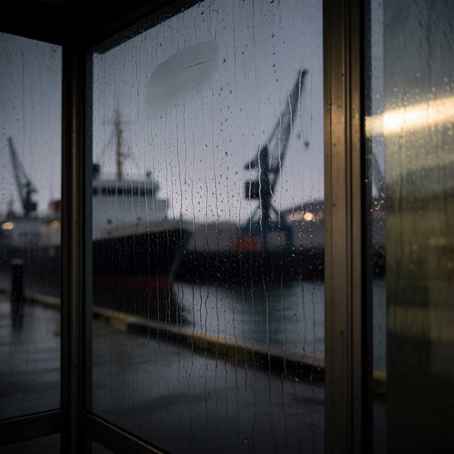 Raindrops crawl down a bus shelter pane, warping blurred harbor lights beyond. A handheld evening street snapshot in cool sodium glow, shot at 50mm with shallow depth of field, catches tiny water trails and a faint wipe mark. — Krea 2 Medium