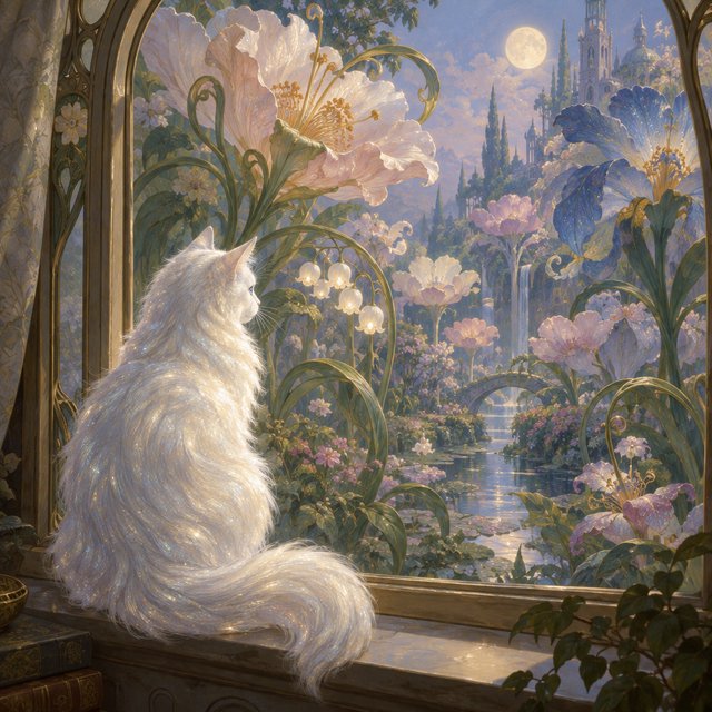 A whimsical cat with fur like spun moonlight sits on a windowsill overlooking a dreamlike garden. The garden is filled with oversized, fantastical flowers rendered in a soft, painterly style, with elements of Art Nouveau curves in the plant designs. The overall mood is serene and enchanting. — Model 3