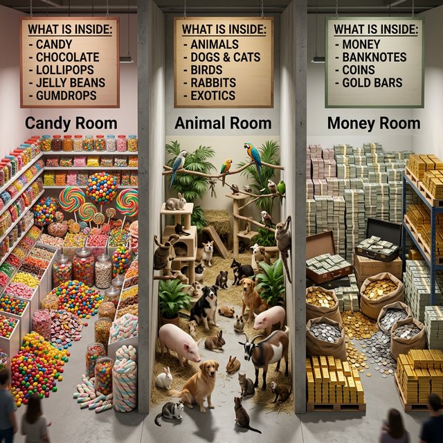 Realistic. Three scenes in one. 1) A room filled with many types of candy. 2) A room filled with many kinds of animals. 3) A room filled with all kinds of money. Above each room, a list names what is inside. — Nano Banana 2.1
