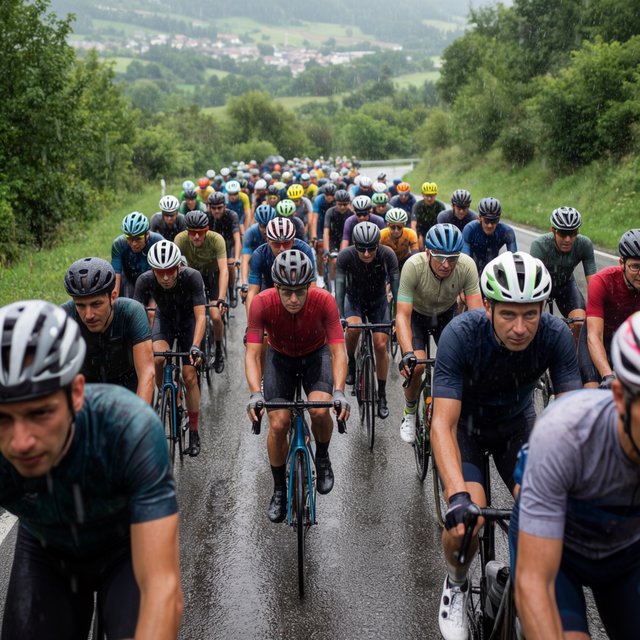 A frontal, close-up shot of a field of competitive cyclists ascending a mountain in the rain. In the background, we see a lush green valley with a small town. — Krea 2 Large