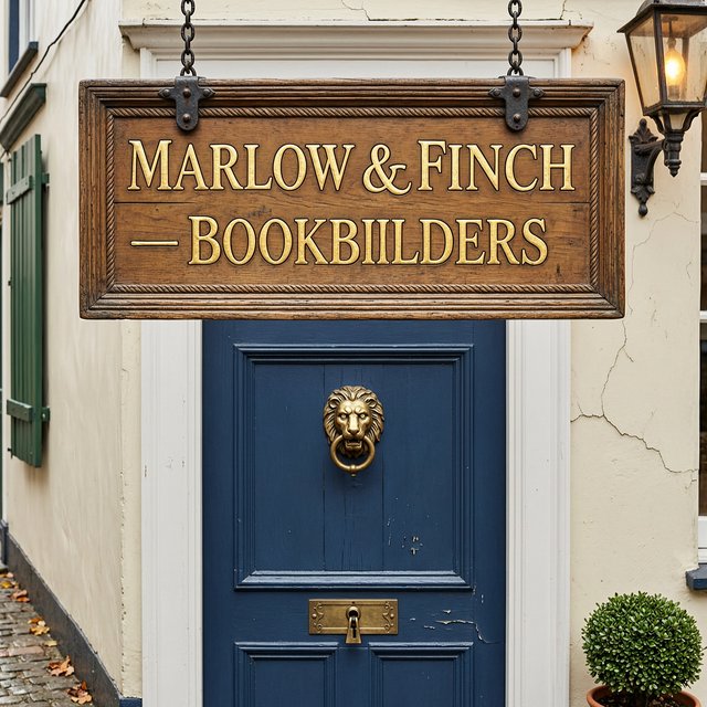A hanging wooden shop sign that reads "MARLOW & FINCH — BOOKBINDERS" in gold serif letters, carved, above a blue door. — Wan 2.7