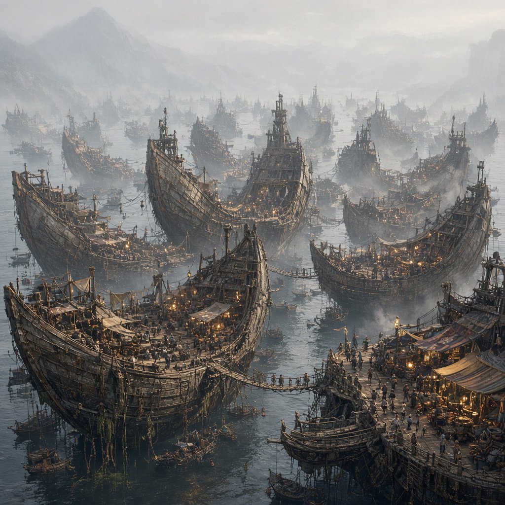A floating market city built on the hulls of giant upturned ships, rope bridges, morning haze, wide establishing shot. — Grok Imagine Image 2