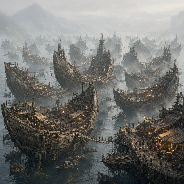 A floating market city built on the hulls of giant upturned ships, rope bridges, morning haze, wide establishing shot. — Grok Imagine Image 2