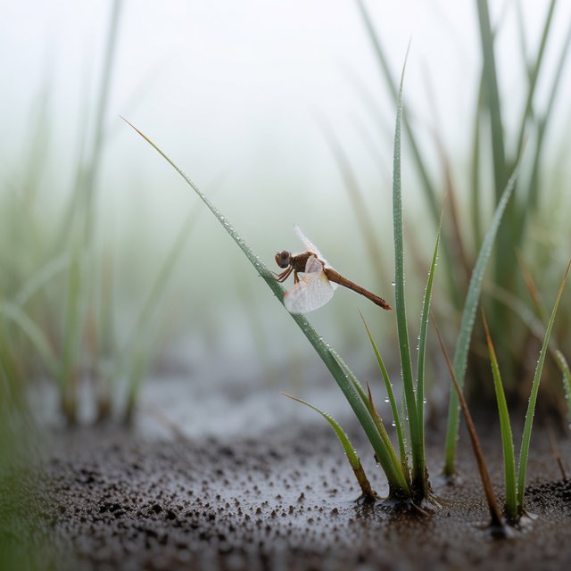 On a peaty marsh edge, a dragonfly rests among sedges after a light morning shower; dew beads on its veined wings and granular mud, while reed stems soften into pale fog behind it. — Krea 2 Medium