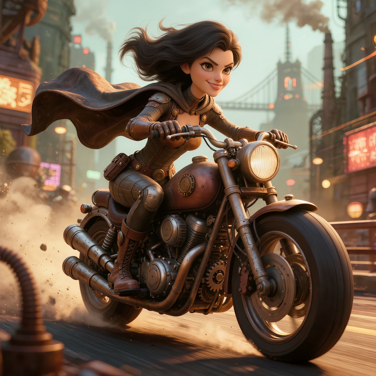 A modeled 3D character design featuring exaggerated, caricatured proportions and a striking silhouette—combined with subtle, nuanced skin shading and warm, cinematic rim lighting—creates an elegant aesthetic reminiscent of modern animated films. The result is a polished, stylized rendering characterized by rich color depth, expressive caricatured facial features, painterly texture details, and a dramatic, theatrical atmosphere typical of contemporary animation. An adult female superhero with a flowing cape on a moving motorcycle. Dieselpunk style. — Kling v3