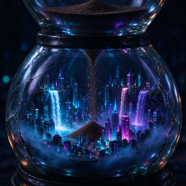 A macro close-up of a miniature glowing cyberpunk city built entirely inside a hollow cracked hourglass, tiny illuminated skyscrapers, flowing neon waterfalls, volumetric light rays piercing through sand, dark moody cinematic lighting, photorealistic depth of field — Seedream 5.0 Flash