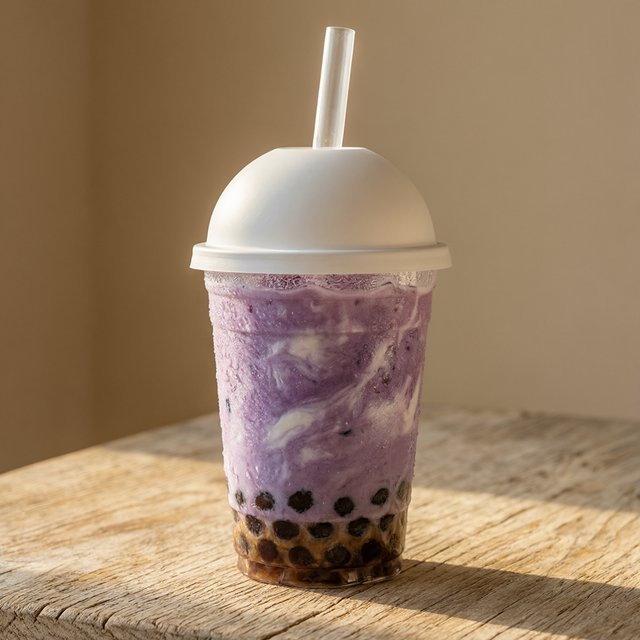 Photorealistic product shot of iced taro bubble tea in a clear frosted plastic cup, condensation beading down curved sides, wide clear straw piercing matte white domed lid. Plump dark brown tapioca pearls settled at the base, swirled creamy purple tea with soft marbled cream streaks, fine ice crystals glinting inside. Resting on weathered light oak table, soft golden hour side lighting casting gentle long shadows, warm neutral beige background. Shallow depth of field, sharp focus on glass texture and pearl details, professional food photography aesthetic, soft moody warm colour palette with rich lavender and caramel tones. — Qwen Image 3.0 Pro