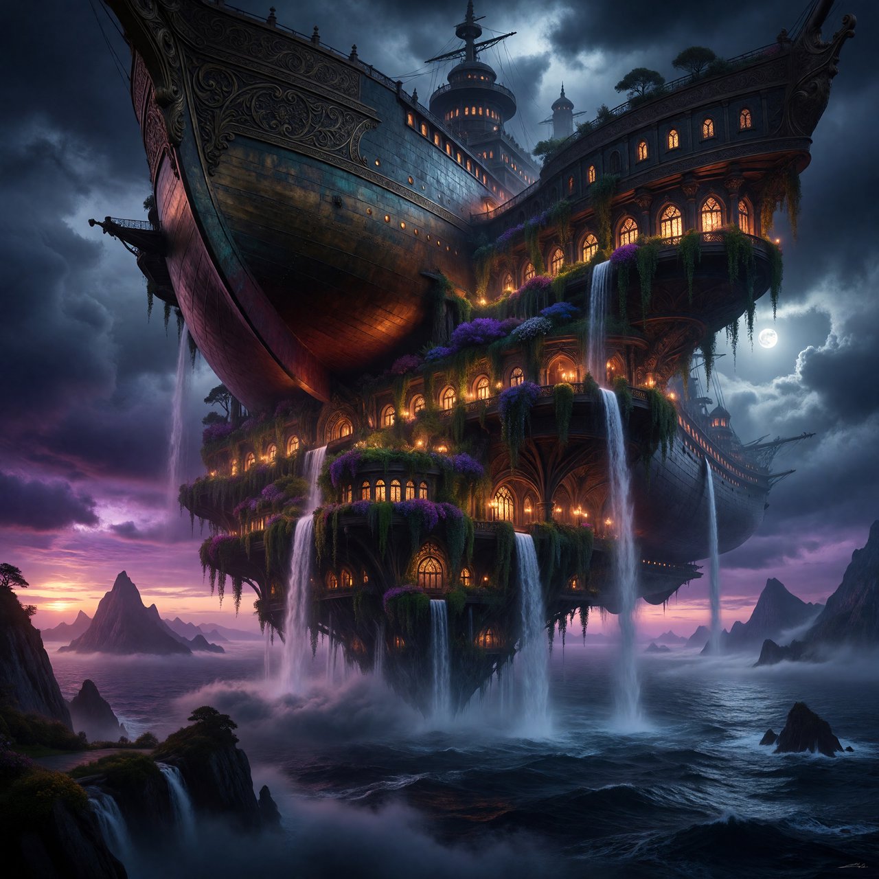A colossal floating archive-ship drifts above storm clouds, its bronze hull wrapped in hanging gardens and luminous windows, while waterfalls spill into the sky. Distant mountain peaks pierce the cloud sea beneath a violet sunset and cold silver moonlight. — ImagineArt 1.5 Pro