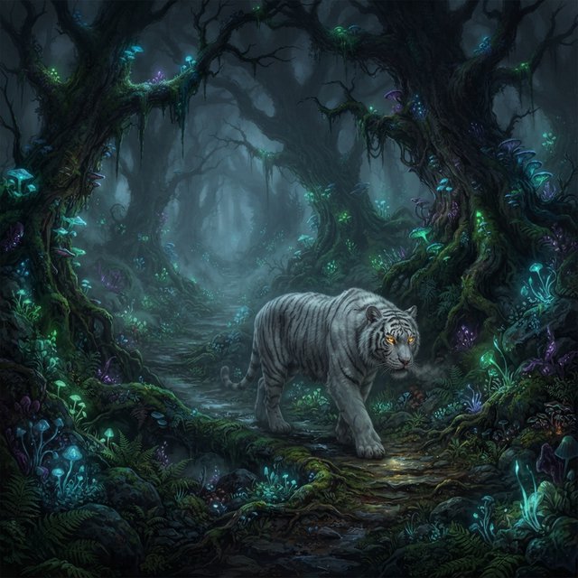 A majestic white tiger with eyes like molten gold, walking through a misty, ancient forest. Strange, bioluminescent flora casts an ethereal glow on the gnarled trees and moss-covered stones. The atmosphere is one of profound mystery and quiet solitude. Rendered in the style of detailed matte painting with a touch of dark fantasy concept art. — Nano Banana 2 Lite