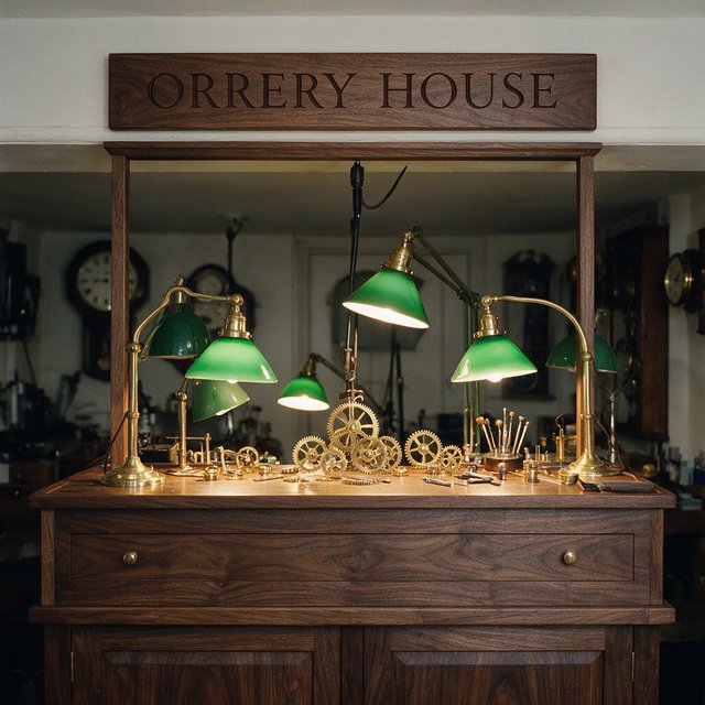 Inside a quiet clockmaker’s workshop, brass gears and tiny tools gleam beneath green-shaded lamps; "ORRERY HOUSE" is engraved in crisp serif letters on a dark walnut sign above the repair counter. — Seedream 5.0 Pro