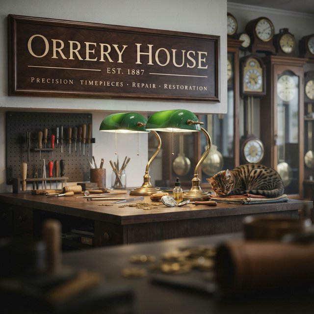Inside a quiet clockmaker’s workshop, brass gears and tiny tools gleam beneath green-shaded lamps; "ORRERY HOUSE" is engraved in crisp serif letters on a dark walnut sign above the repair counter. — Ideogram v4
