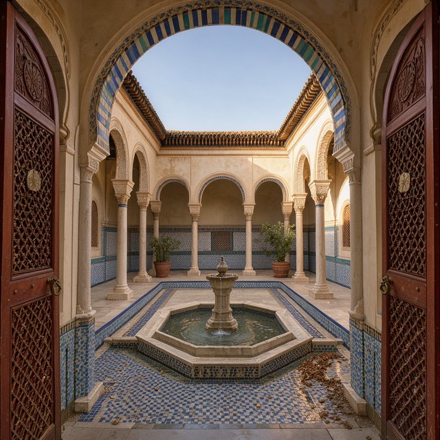 From a shaded courtyard entrance, Moorish Revival residences enclose a tiled fountain court, with cream stucco, carved cedar doors, and blue ceramic bands; late sunlight filters through arcades, revealing aligned walls and credible supports. — FLUX 3 Image Klein