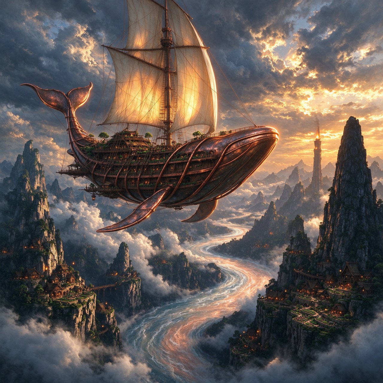 A vast, whale-shaped sky barge sails between mountain spires, its copper ribs supporting gardens and glowing sailcloth. Below, cloud rivers curl around tiny cliff villages as sunset pours through storm breaks, outlining the vessel in molten gold. — Seedream 5.0 Flash