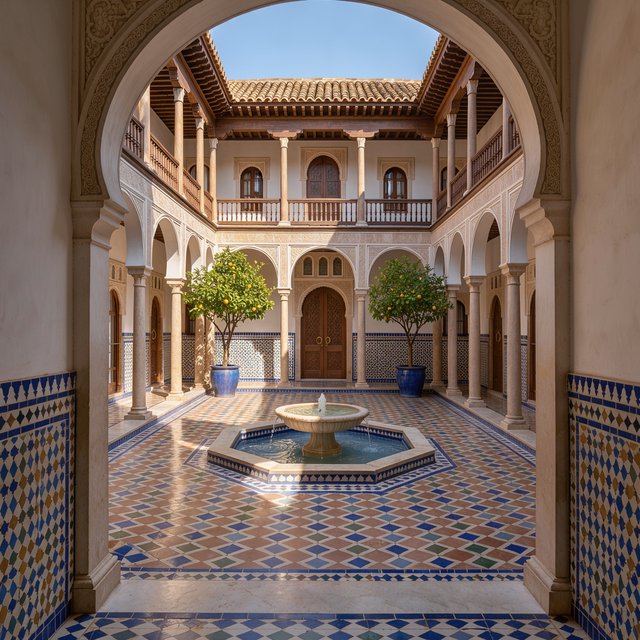 From a shaded courtyard entrance, Moorish Revival residences enclose a tiled fountain court, with cream stucco, carved cedar doors, and blue ceramic bands; late sunlight filters through arcades, revealing aligned walls and credible supports. — FLUX 3 Image