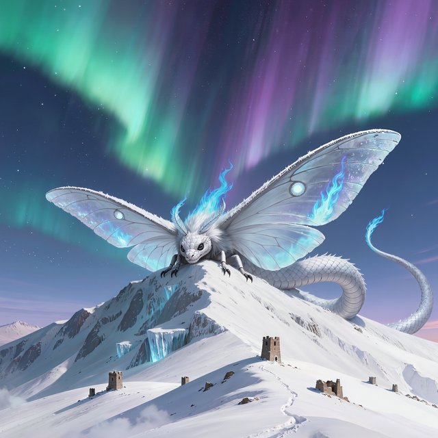 A colossal moon-moth leviathan rests atop a snowbound mountain ridge, its translucent wings veined with blue fire and its fur silvered by frost. Tiny abandoned watchtowers below emphasize its immense scale beneath an aurora-filled sky. — Kling v3